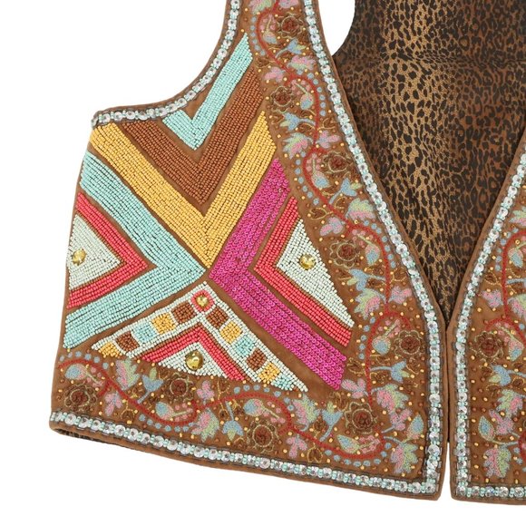 New Tasha Polizzi Heavily Beaded Floral Embroidered Brown Leather Western Vest L - Picture 8 of 15